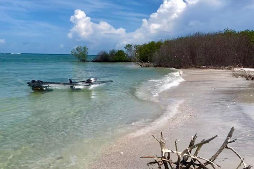 Una playa con agua turquesa cristalina, un bote y una orilla arenosa con vegetación dispersa. 4