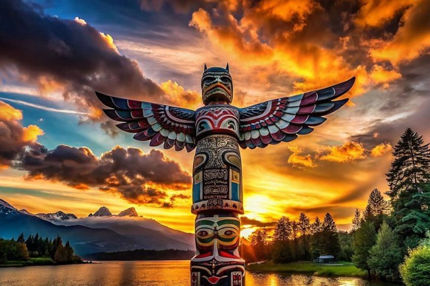 A totem pole with intricate designs, set against a sunset with mountains and a lake in the background. 1