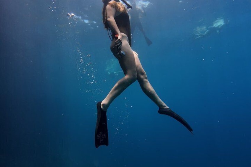 A person scuba diving underwater. 3