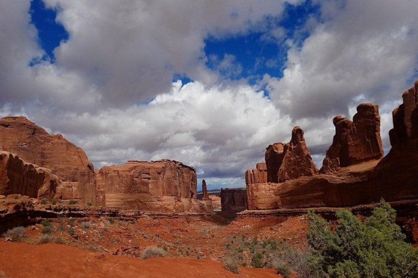 A desert landscape with red rock formations, a clear sky, and sparse vegetation. 3
