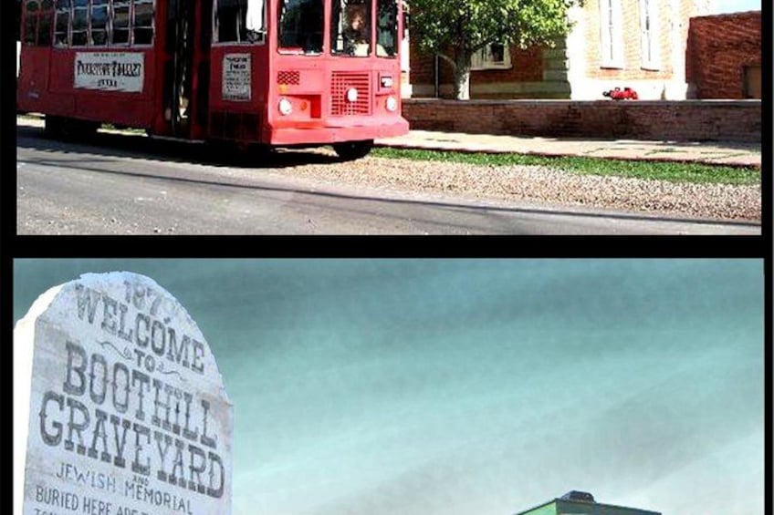 A red trolley, a sign for Boothill Cemetery, and a building in the background. 2
