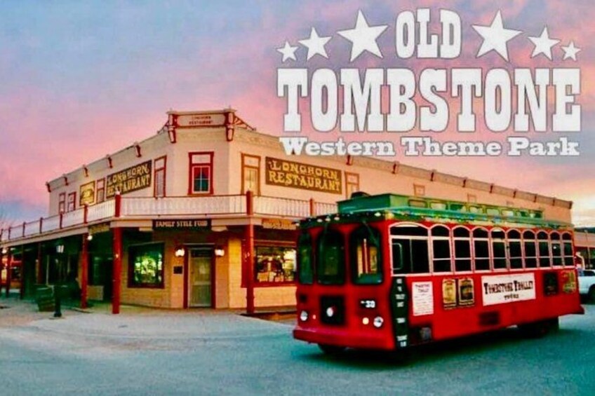 A Western-themed park with a red trolley and a building labeled 'Long Horn Restaurant'. 4