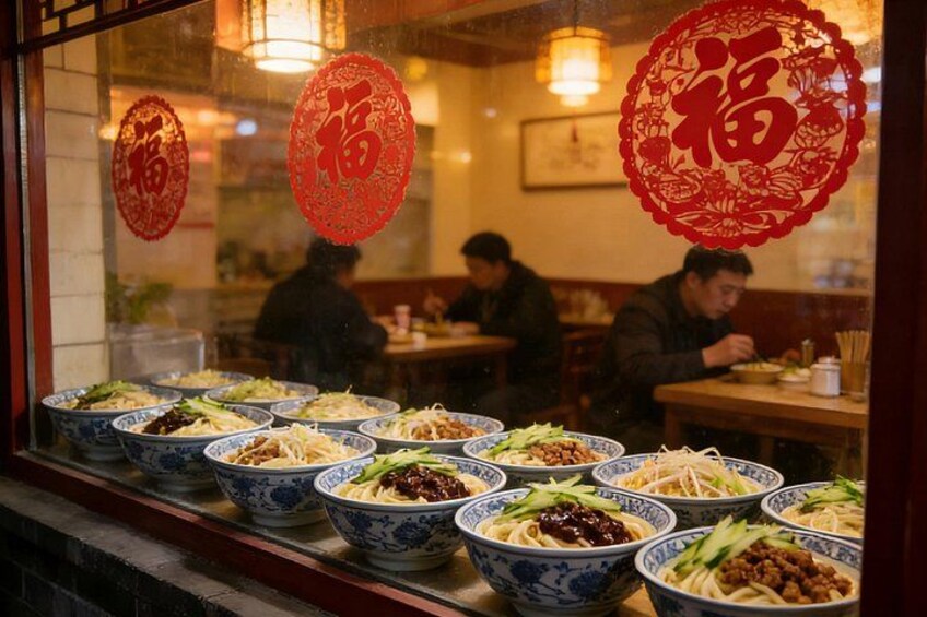 Bowls of noodles on a counter, red Chinese characters on the window, and people dining inside. 4