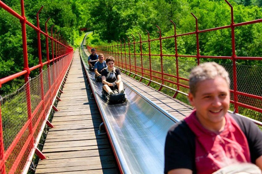 A wooden roller coaster track with red railings, surrounded by greenery. 3