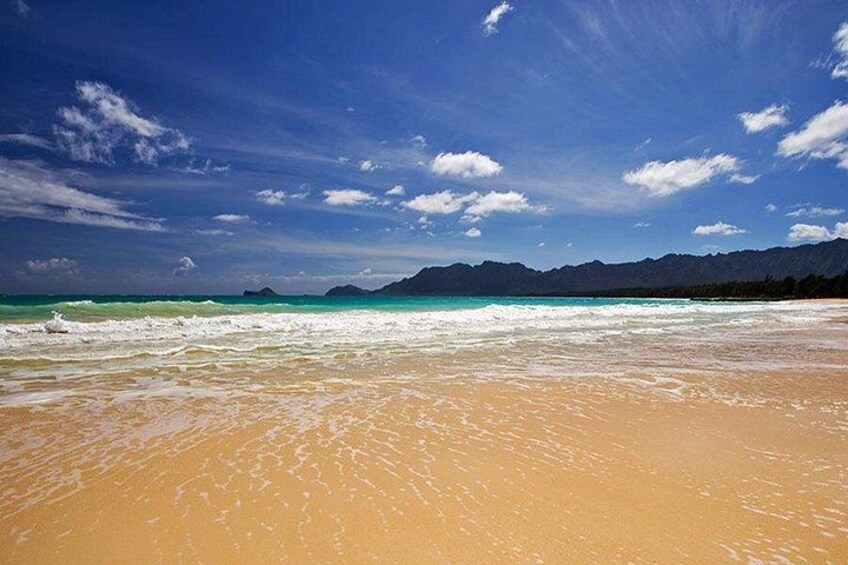 Una playa con olas, cielo despejado y montañas a lo lejos. 4