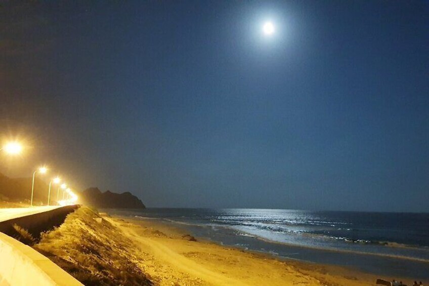 A beach at night with a bright moon, a road with streetlights, and a sandy shore. 4