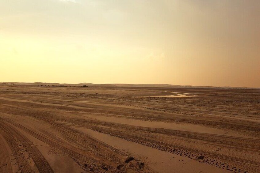 A vast desert landscape with tire tracks and a distant horizon. 3