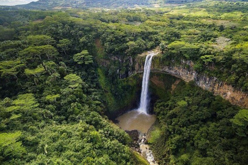 Een waterval omringd door dicht bos. 1