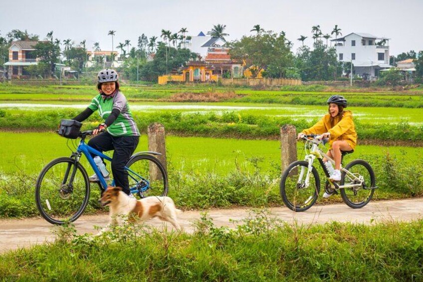 Two people riding bicycles on a rural path with green fields and houses in the background. 1