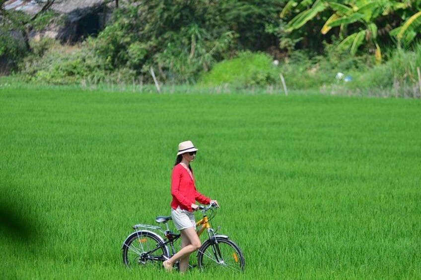 Una persona montando en bicicleta en un campo verde con árboles al fondo. 1