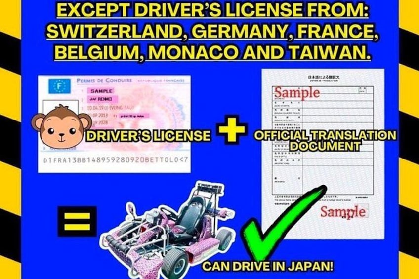 A driver's license from Switzerland, Germany, France, Belgium, Monaco, and Taiwan, and an official translation document, indicating eligibility to drive in Japan. 2