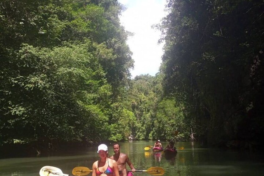 Un río rodeado de densa vegetación verde, con gente haciendo kayak. 3