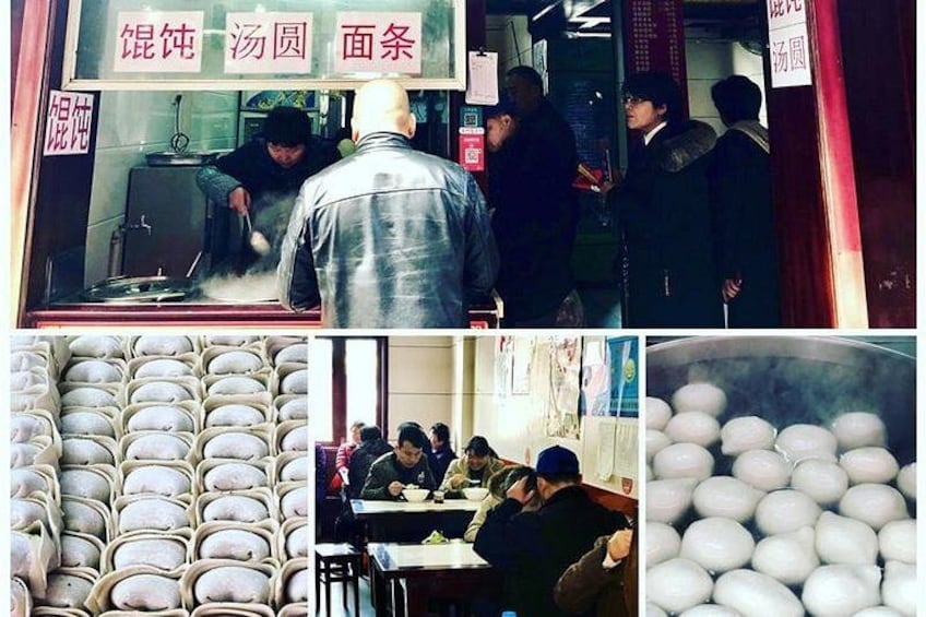 A traditional cooking scene with a chef preparing food in a wok, a group of people dining at a table, and a display of steamed buns. 2