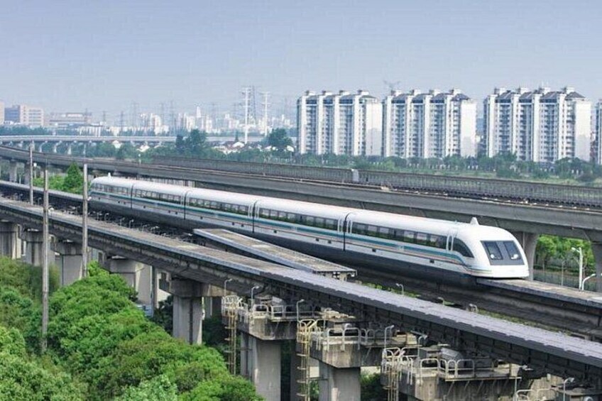A high-speed train on elevated tracks, surrounded by greenery and urban buildings. 4
