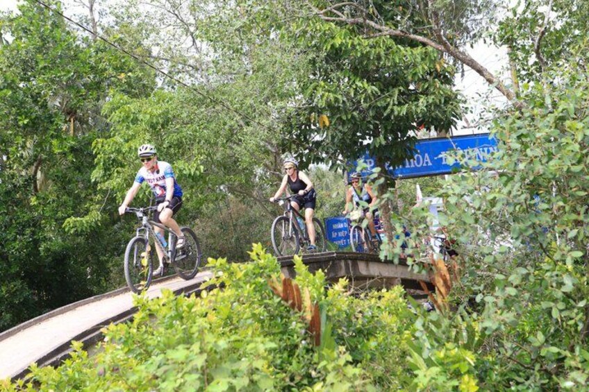 Deux cyclistes sur un sentier bordé d’une végétation luxuriante. 2