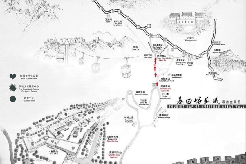A tourist map of Mutianyu Great Wall with marked locations and a red path indicating the route. 2