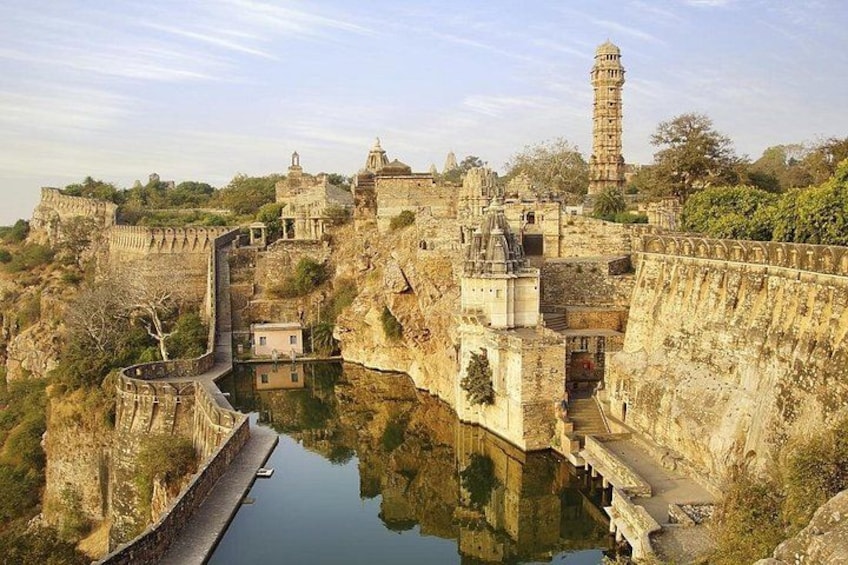Eine historische Festung mit einem großen Gewässer, einem Turm und umgebender Natur. 1