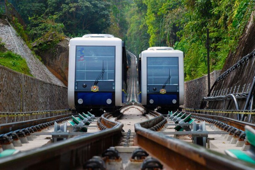 Deux trains circulent sur une voie ferrée courbe, bordée de verdure. 4