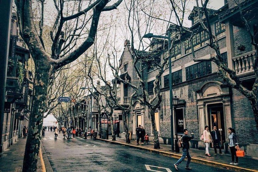 Une rue bordée d’arbres, où l’on voit des piétons, des bâtiments historiques et une chaussée mouillée. 3