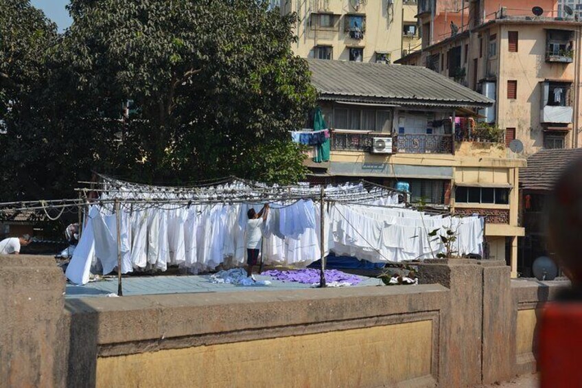 A clothesline with white garments hanging in a residential area. 5