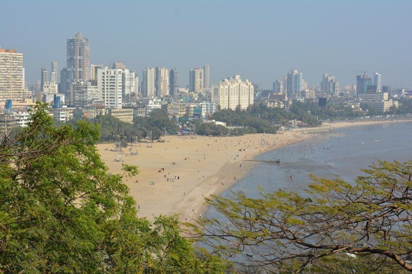 A beach with people, a city skyline, and trees in the foreground. 2