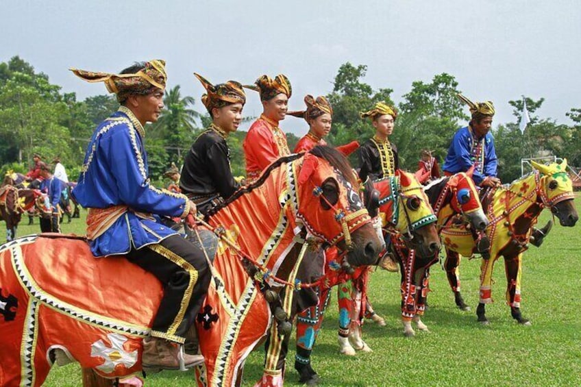 People in colorful traditional costumes riding decorated horses in a grassy field. 1