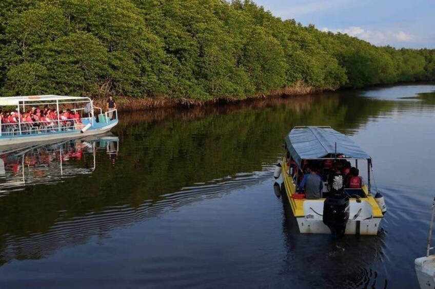 A river with boats, one with passengers and another with a motorized outboard. 3