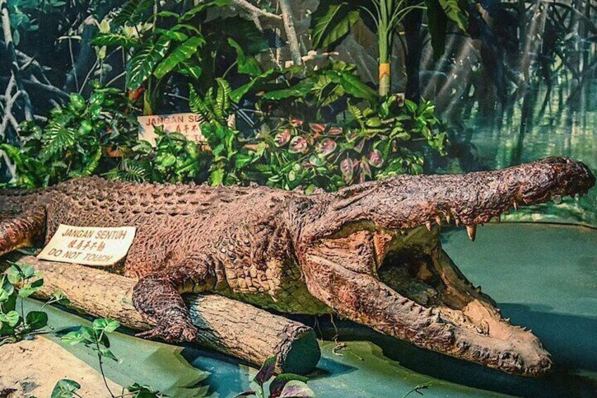 A large crocodile statue with a sign that reads "JANGAN SENTUH" and "DO NOT TOUCH". 4