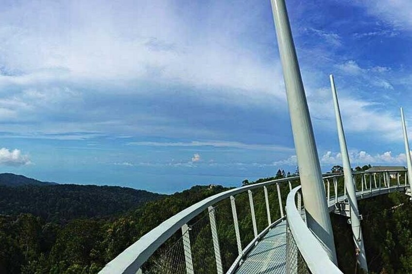 A pedestrian bridge with a curved railing, overlooking a forested landscape. 3