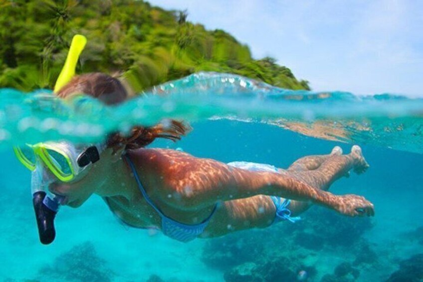 A person snorkeling underwater with a snorkel and mask. 1