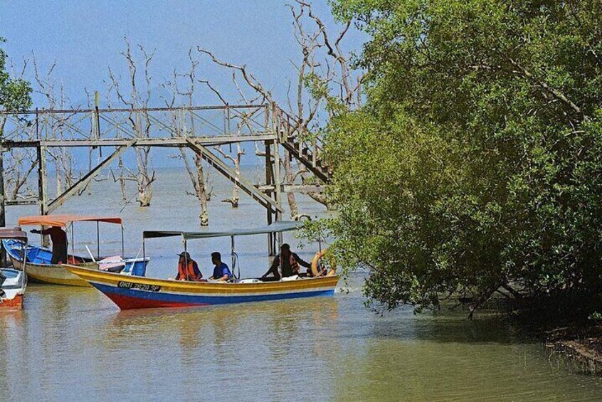 A river with boats, a wooden bridge, and a tree. 5
