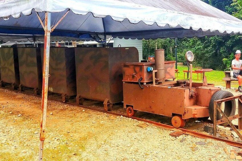 A rusty train engine and carriages under a blue canopy, with a man sitting on a bench nearby. 1
