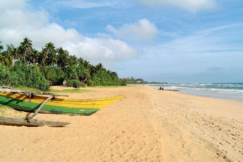 A sandy beach with two boats, palm trees, and the ocean. 2