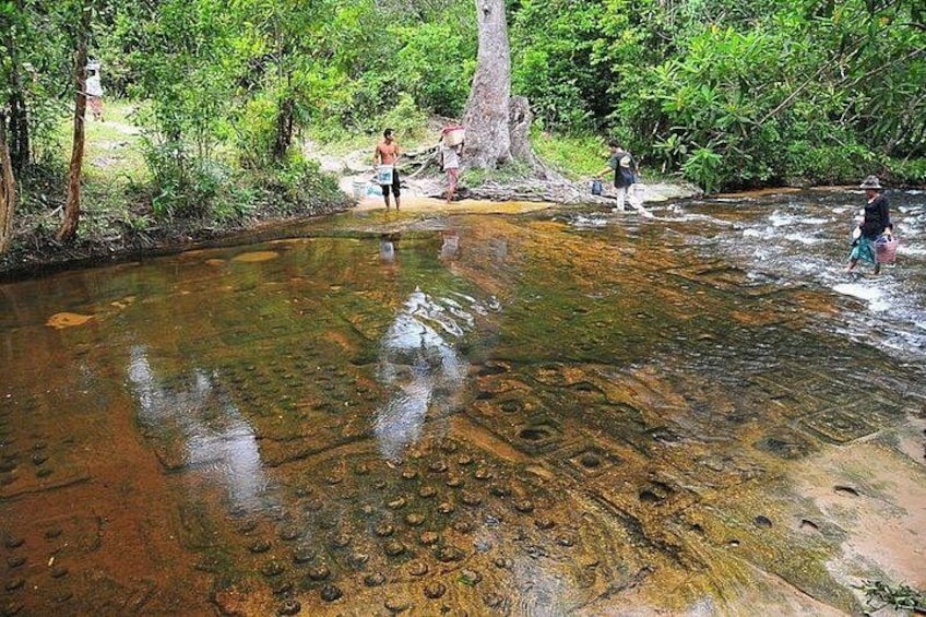 Un río con gente vadeando, rodeado de vegetación densa. 5