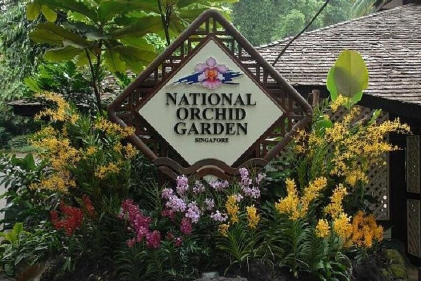 Señal del Jardín Nacional de Orquídeas en Singapur, rodeado de diversas plantas coloridas. 4
