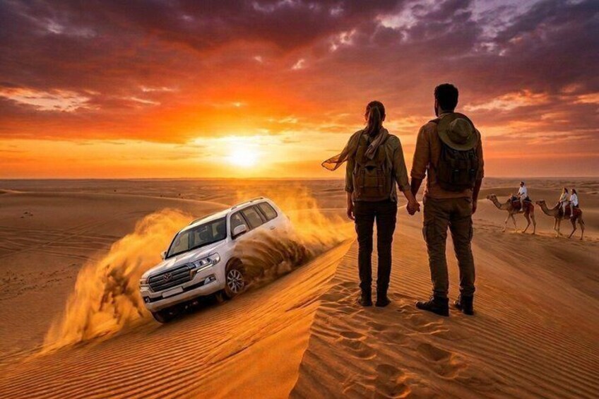 A desert landscape with a car driving on sand dunes and people walking. 1