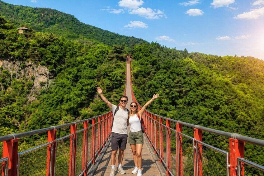 A suspension bridge with red railings, surrounded by lush green forest. 1