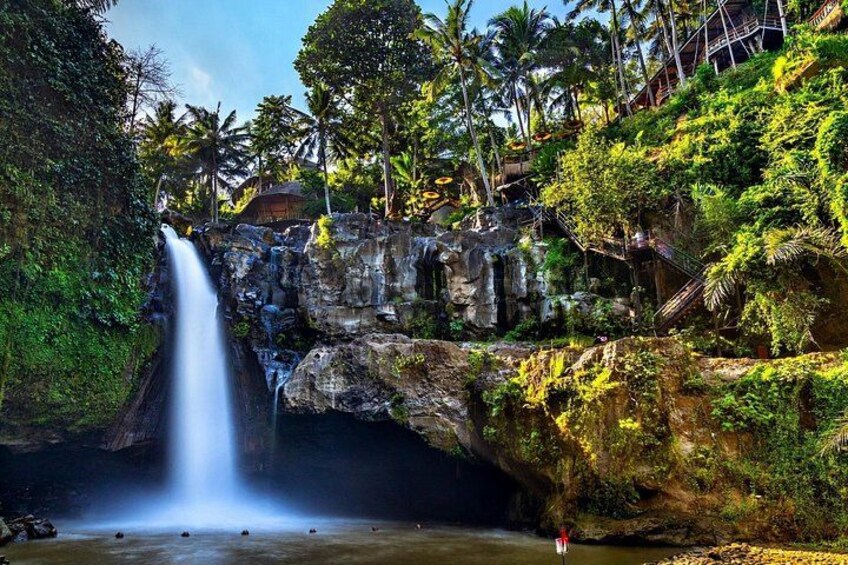 A waterfall cascading over a rocky cliff surrounded by lush greenery and palm trees. 2