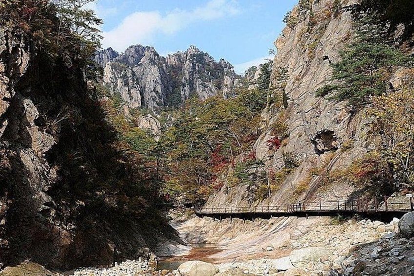 Un paysage montagneux rocheux avec un pont en bois et une rivière. 1