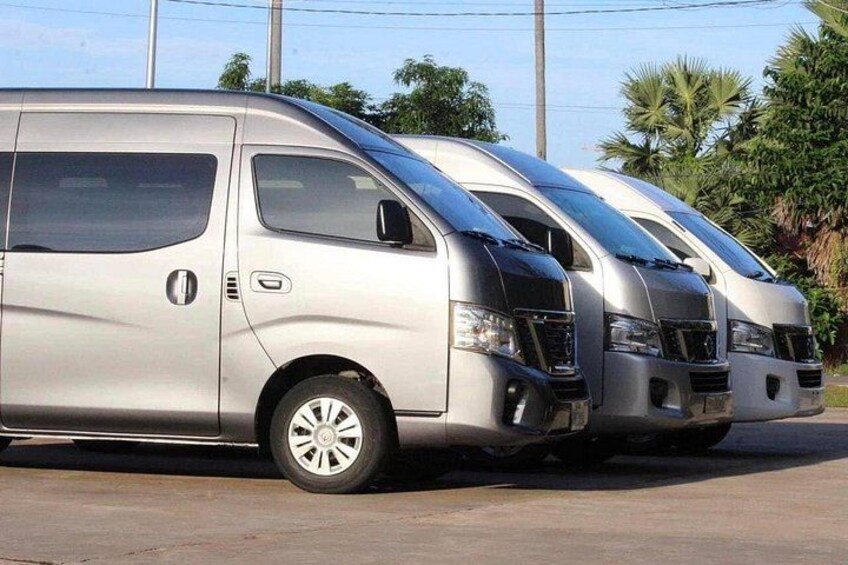 Una camioneta plateada estacionada en una carretera, con palmeras al fondo. 5