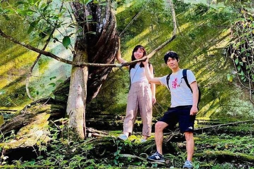 Two people standing on a forested trail with a large tree trunk in the background. 4