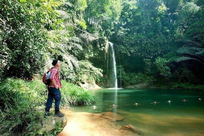 A person standing by a waterfall in a forested area with a clear water pool. 2