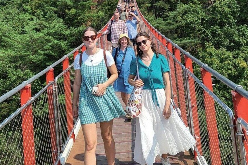 A suspension bridge with people walking on it. 4