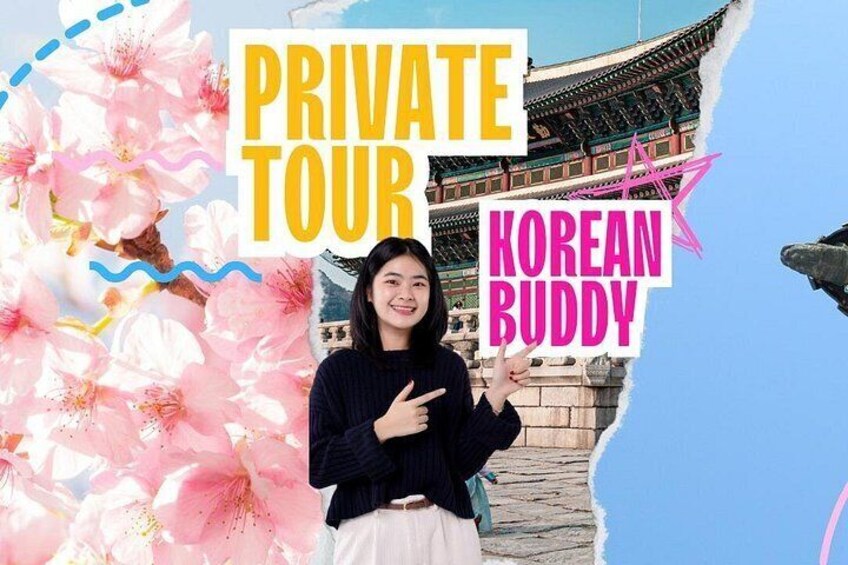 En person pekar på en skylt med texten ”PRIVAT GUIDAD TUR, KOREANSK VÄN” och i bakgrunden syns en traditionell koreansk byggnad. 1