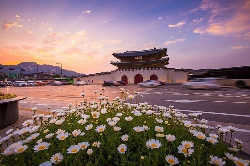 A traditional building with a curved roof, surrounded by a parking lot with cars and a field of white flowers. 2
