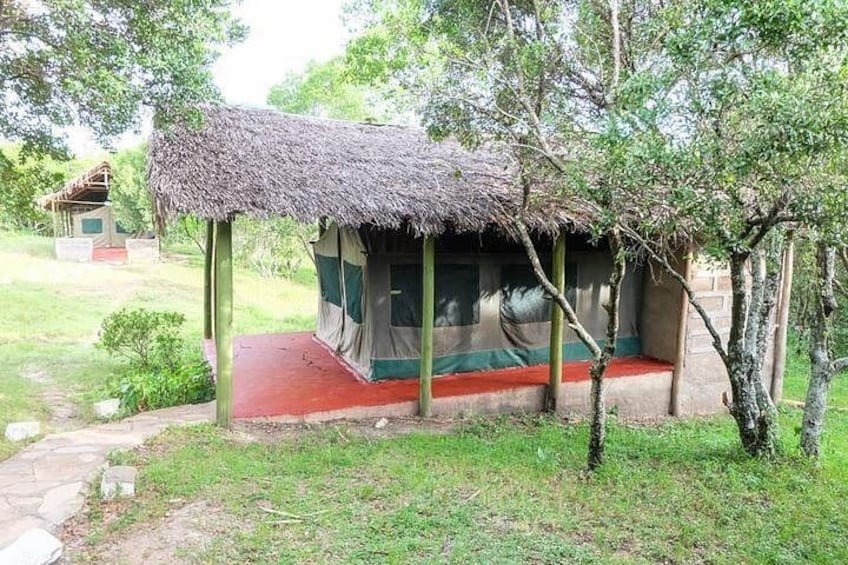 A thatched-roof hut with a red floor, surrounded by trees and grass. 2