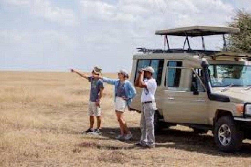 Three people standing in a field with a safari vehicle. 3