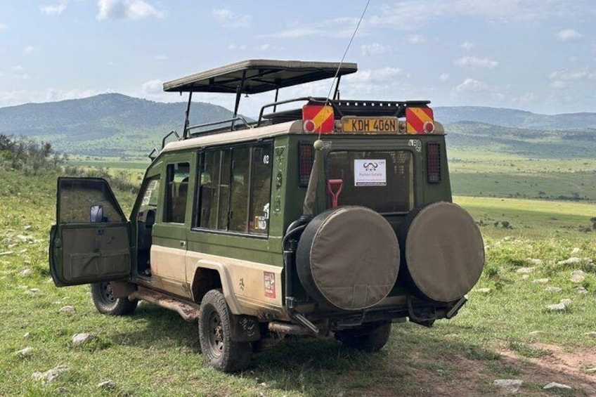 A green safari vehicle with a spare tire mounted on the back, parked on a grassy field with mountains in the background. 4