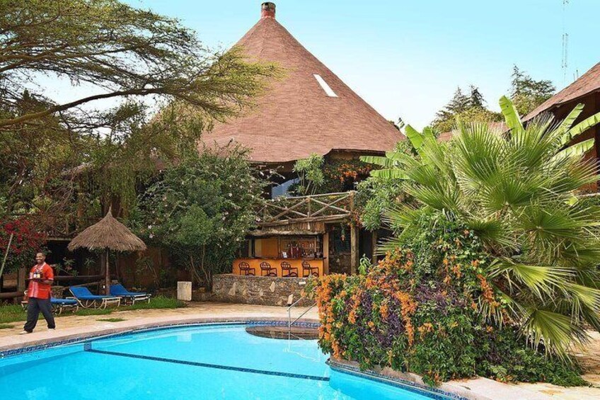 A swimming pool surrounded by tropical plants and a thatched-roof building. 1