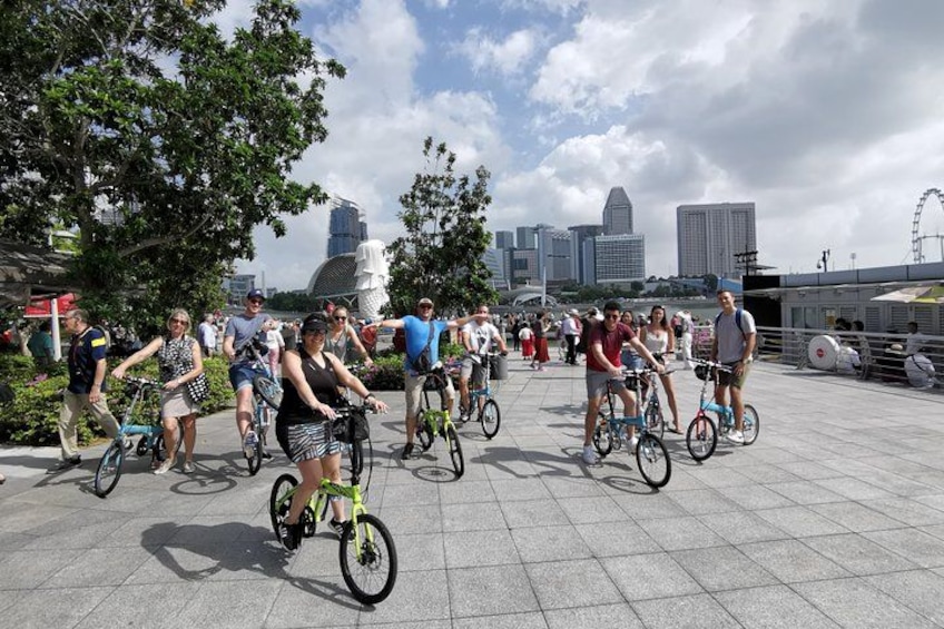 People riding bicycles on a paved area with trees and buildings in the background. 2